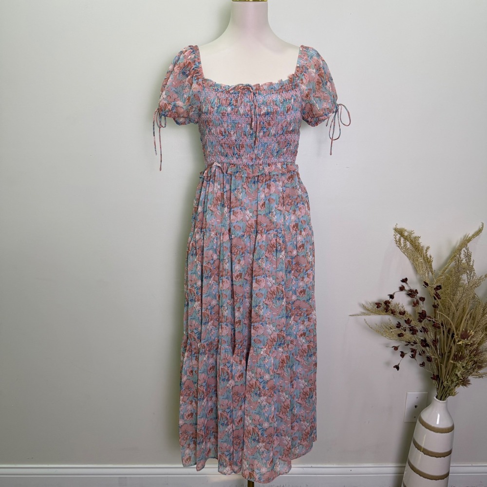 En Saison Adelina Size M Blue & Pink Floral Smocked Midi/Maxi Dress